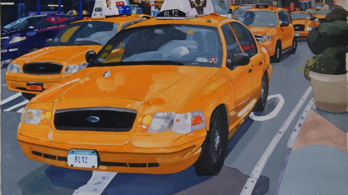 Yellow cabs in time square acrylique sur papier 65x37 5 cm 2013